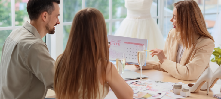 Brautpaar plant die Hochzeit mit Fokus auf Zeitmanagement, Termine und Ablauf für einen stressfreien Hochzeitstag.