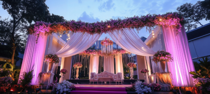 Outdoor-Hochzeitsbühne mit rosa-weißer Drapierung, Blumenarrangements, Lichterketten und eleganter Sitzgruppe.