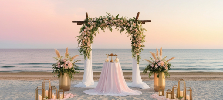 Internationale Hochzeit am Strand mit romantischer Atmosphäre und einer traumhaften Kulisse am Meer.