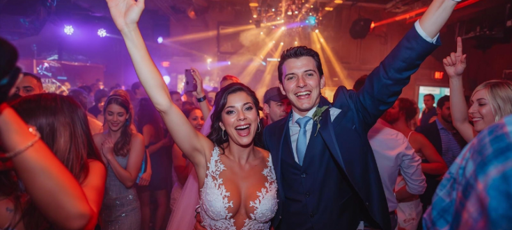 Gäste tanzen ausgelassen zur Musik am Abend der Hochzeit.