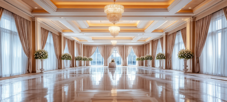 Prächtiger Hochzeitssaal mit Marmorboden, Kronleuchtern, weißen Blumenarrangements und festlicher Atmosphäre