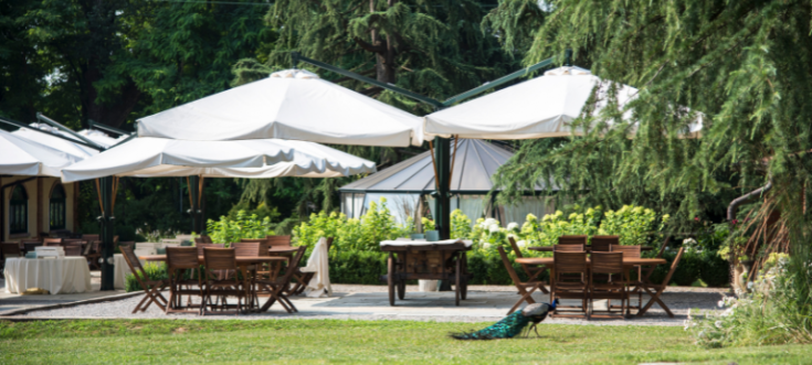 Elegante Hochzeitslokation im Garten mit weißen Sonnenschirmen, Holztischen und exotischem Flair durch einen Pfau